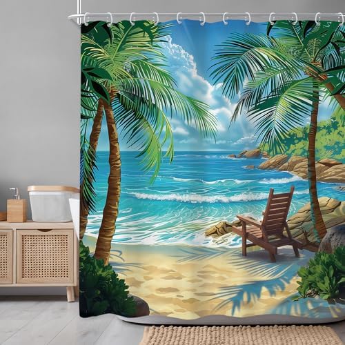 Ocean Coastal Nautical Beach Tropical Palm Tree Bathroom Shower Curtain Set