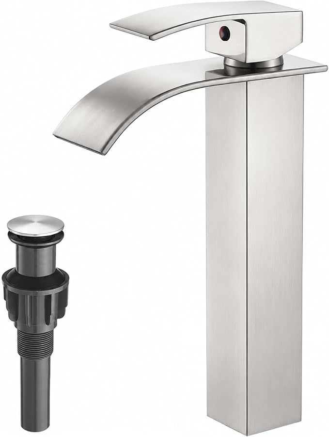 VOTON Vessel Sink Faucet Brushed Nickel Modern Tall Waterfall Bathroom Sink Faucet with Pop-Up Drain Single Handle Bathroom Faucet 1 Hole Bowl Lavatory Vanity Faucet, Rv Sink Camper Farmhouse Faucet