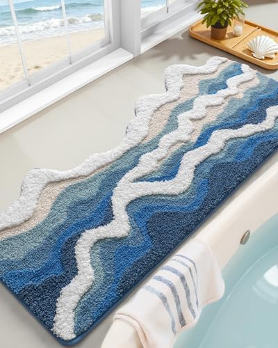 DEXI Cute Bath Mat, Sea Ocean Wave Bathroom Rugs, 34x21 Blue