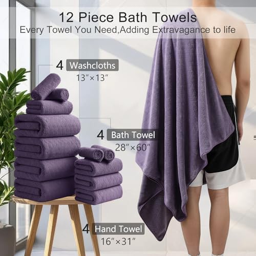 Luxury Bath Towels Set - 12 Piece (4 Large Bath Towels,4 Hand Towels,4 Washcloths), 100% Microfiber,Extra Absorbent Super Soft & Quick Dry,Complete Family Pack for Bathroom Gym Pool,Dark Purple