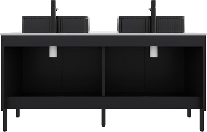 Ambrovina 60" Bathroom Vanity with Double Sink, Freestanding Bathroom Storage Cabinet with 4 Soft-Closing Doors, Rectangular Ceramic Basin and Carrara White Sintered Stone Countertop, Gloss Black