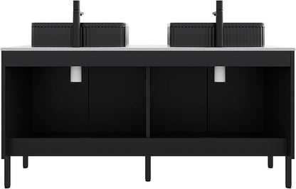 Ambrovina 60" Bathroom Vanity with Double Sink, Freestanding Bathroom Storage Cabinet with 4 Soft-Closing Doors, Rectangular Ceramic Basin and Carrara White Sintered Stone Countertop, Gloss Black