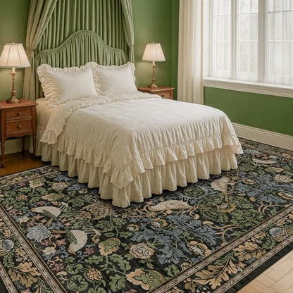 Hazo Haus Dark Living Room Rug 8x10 - Large Washable Vintage Floral Area Rugs for Dining Room, Bedroom, Traditional Antique Style, Birds and Leaves Nature Design, Non-Slip Low Pile (Dark Green/Brown)