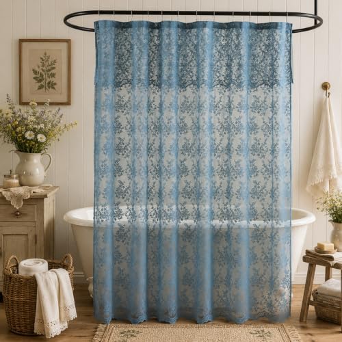 TUDECO Slate Blue Lace Shower Curtain with Valance, 72x72 Inch, 1 Panel