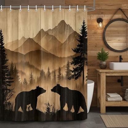 Bear Shower Curtain, Rustic Cabin Forest Shower Curtain Brown Wooden Print Wildlife Country Bath Curtains with Hooks, Hunting Camping Waterproof Polyester Fabric Bathroom Decor Accessories,60X70IN