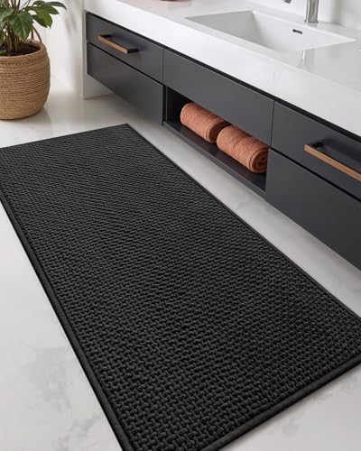 Color&Geometry 17"x47" Chenille Bathroom Runner Rugs Upgraded Denser,Black