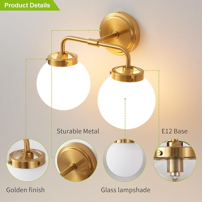 Bathroom Light Fixtures 14in 2-Light Brushed Gold Vanity Light for Mirror | Bathroom Lighting Fixtures over Mirror, ETL, Brushed Brass Wall Sconce, Dimmable E12 Base Max 60W, Milky Glass Ball Shades