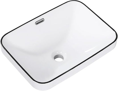 Bathroom Vessel Sink 18.2'' x 13.3'' Semi Recessed Bathroom Sink Rectangular Drop-in Vanity Sink with Overflow White with Black Rim Ceramic Modern Art Basin