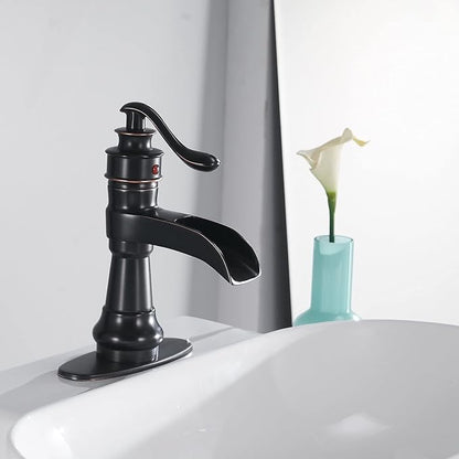 Single-Handle Bathroom Faucet Oil Rubbed Bronze Deck Mounted | Wide Waterfall Spout,Pop Up Drain and Supply Lines Included, Ideal forBathroom Sink 1-3 Hole, Fingerprint Repellent Coating