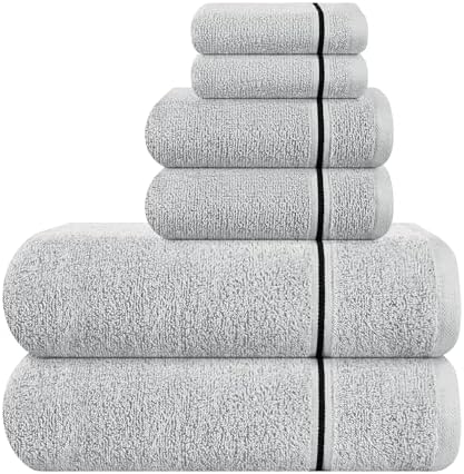 MyOwn Ultra Soft 6 Pack Cotton Towel Set, Contains 2 Bath Towels 28x55 inch, 2 Hand Towels 16x24 inch & 2 Wash Coths 12x12 inch, Ideal Everyday use, Compact & Lightweight - Light Grey