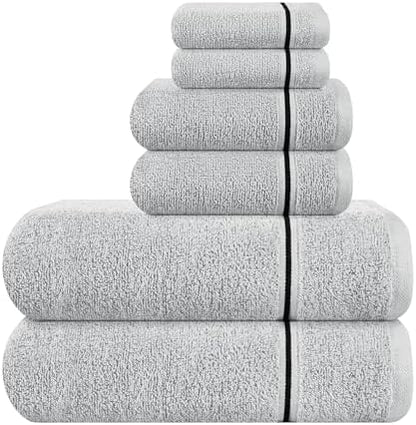 MyOwn Ultra Soft 6 Pack Cotton Towel Set, Contains 2 Bath Towels 28x55 inch, 2 Hand Towels 16x24 inch & 2 Wash Coths 12x12 inch, Ideal Everyday use, Compact & Lightweight - Light Grey