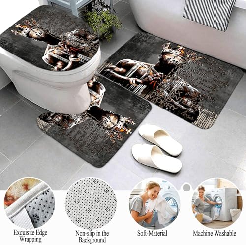 4Pcs Cool Black King Shower Curtain Set with Shower Curtain and Rug Toilet Lid Cover Bath Mat, Inspirational Quote African American King Fathers Day Bathroom Decor Shower Curtains for Man