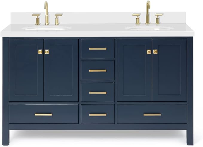 ARIEL Cambridge 60-inch Bathroom Vanity with Sink,Solid Wood, 1.5-inch Pure White Quartz Countertop & Backsplash, Double Oval Porcelain Sink, 4 Soft Closing Doors, 6 Dovetail Drawers, Midnight Blue