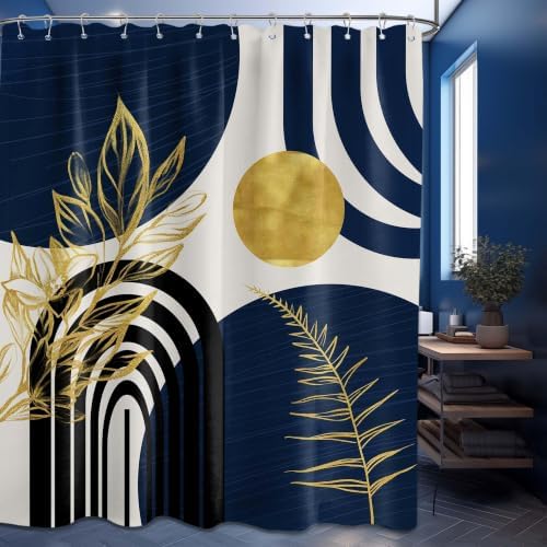 Navy Blue and Gold Shower Curtain, 72x72 in, Mid Century Modern