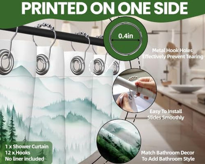 Dark Green and White Forest Shower Curtain, 72x72 in, Nature Pine Tree