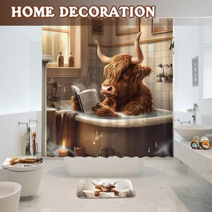 FuWeave 8 Pcs Highland Cattle Shower Curtain Sets for Bathroom Decor