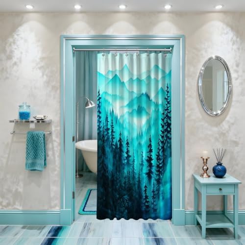 Dark Teal Forest Stall Shower Curtain, 36X72 in Narrow Small, Mountain