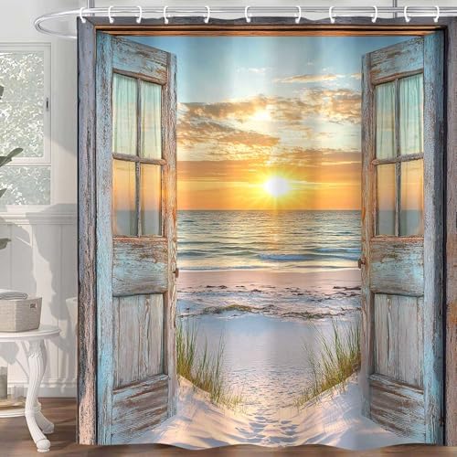 Beach Coastal Shower Curtain, Ocean Barn Door Nautical Sunrise Seaside Seascape Wave Decor Bath Curtains, Rustic Wood Teal Turquoise Bathroom Accessories Fabric Waterproof with Hooks, 72X84in