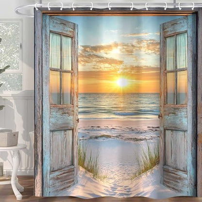 Beach Coastal Shower Curtain, Ocean Barn Door Nautical Sunrise Seaside Seascape Wave Decor Bath Curtains, Rustic Wood Teal Turquoise Bathroom Accessories Fabric Waterproof with Hooks, 72X84in