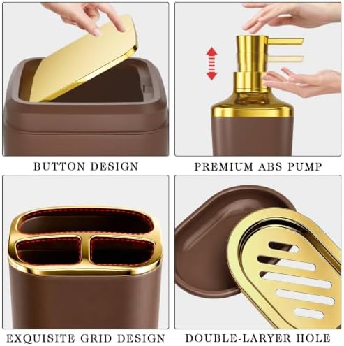 XLHOMO Bathroom Accessories Set - 25PC Bathroom Set with Shower Curtain and Rugs, Brown Bathroom Set, Bathroom Accessory Set with Press-on Lid Trash Can, Soap Dispenser and Qtip Holders
