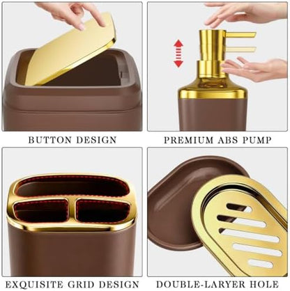 XLHOMO Bathroom Accessories Set - 25PC Bathroom Set with Shower Curtain and Rugs, Brown Bathroom Set, Bathroom Accessory Set with Press-on Lid Trash Can, Soap Dispenser and Qtip Holders