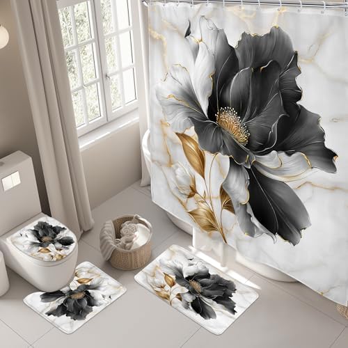 Black Gold Floral Abstract 4Pcs Bathroom Shower Curtain Set with Rugs