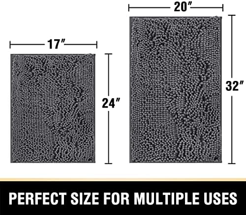 H.VERSAILTEX Luxury Chenille Bathroom Rugs - Non-Slip Bath Mats, Extra Soft Absorbent Shaggy, Washable Fast Dry 2 Piece Set (Grey, 20" x 32"/17" x 24")