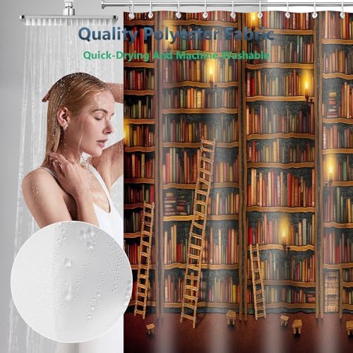 Vintage Library Retro Old Bookshelf Shower Curtain with Hooks 72 x 72 Inch