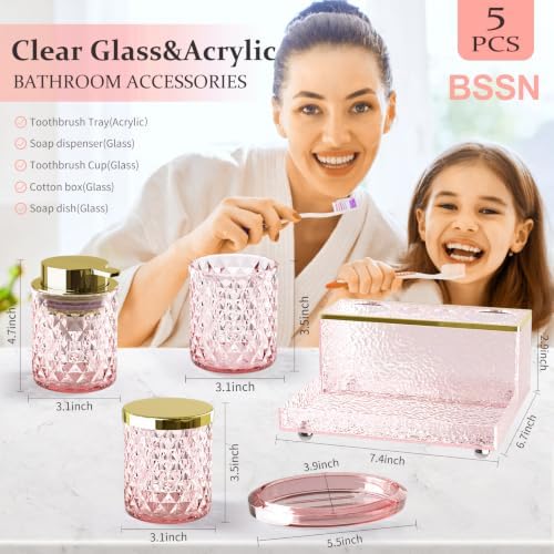 Glass Bathroom Accessories Set 5Pcs Crystal Pink - Foaming Soap Dispenser, Soap Dish, Cup, Acrylic Toothbrush Holder with Tray Organizer, Cotton Swab Jar, Bathroom Counter Set Sink Decor