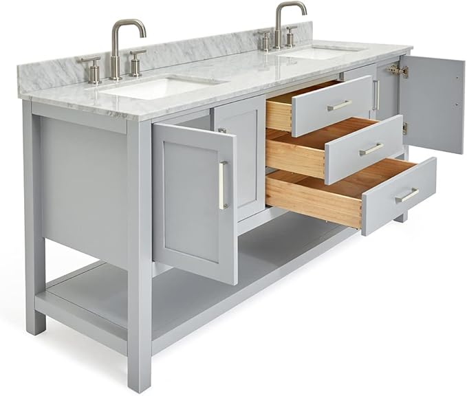 ARIEL Magnolia 72-inch Bathroom Vanity with Sink,Solid Wood, 0.75-inch Italian Carrara Marble Countertop, Double Rectangular Porcelain Sink, 4 Soft Closing Doors, 3 Dovetail Drawers, Grey