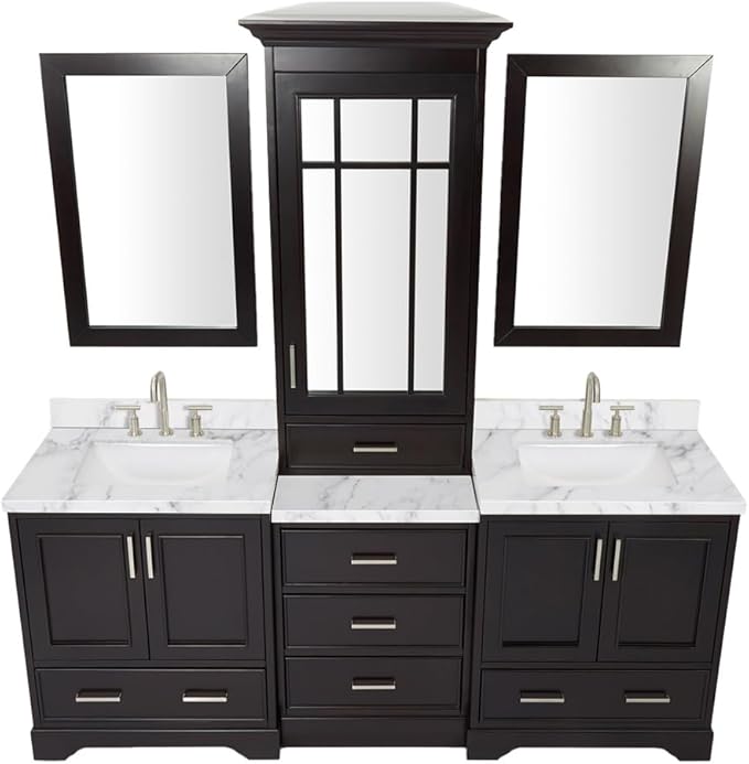 ARIEL Stafford 84-inch Bathroom Vanity with Sink,Solid Wood, 1.5-inch Italian Carrara Marble Countertop, Double Rectangular Porcelain Sink, 5 Soft Closing Doors, 6 Dovetail Drawers, Espresso