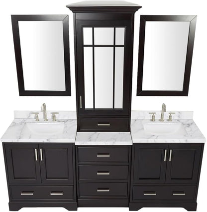 ARIEL Stafford 84-inch Bathroom Vanity with Sink,Solid Wood, 1.5-inch Italian Carrara Marble Countertop, Double Rectangular Porcelain Sink, 5 Soft Closing Doors, 6 Dovetail Drawers, Espresso