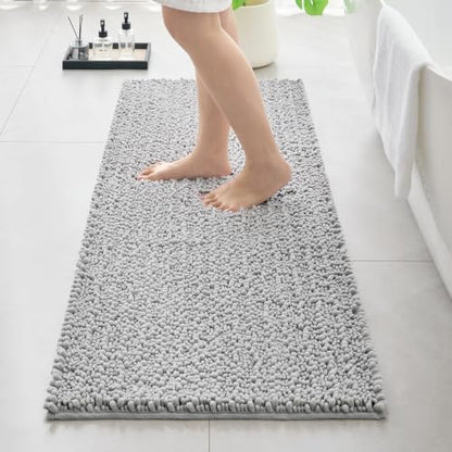 Bathroom Rugs Non Slip Washable 55x24, Extra Thick Soft Chenille Absorbent Bath Mat, High Density Barrier Non Slip Backing, Quick Dry Plush Shaggy Floor Carpet for Tub&Shower, Silver