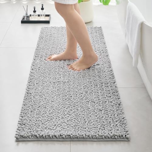 Bathroom Rugs Non Slip Washable 60x24, Extra Thick Soft Chenille Absorbent Bath Mat, High Density Barrier Non Slip Backing, Quick Dry Plush Shaggy Floor Carpet for Tub&Shower, Silver