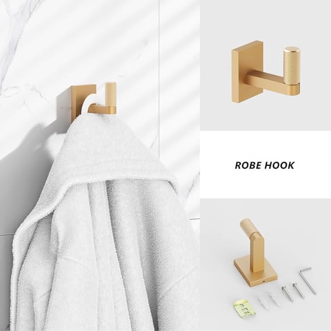 Bathroom Hardware Set 4 Piece Brushed Nickel/Brushed Gold Bathroom Accessories Set Including 24" Hand Towel Bars, Toilet Paper Holders, Towel Rings, Robe Towel Hooks (4pcs, Brushed Gold)