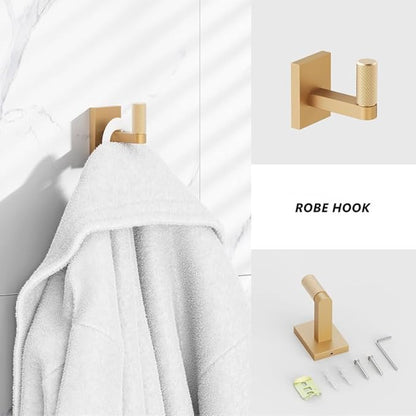Bathroom Hardware Set 4 Piece Brushed Nickel/Brushed Gold Bathroom Accessories Set Including 24" Hand Towel Bars, Toilet Paper Holders, Towel Rings, Robe Towel Hooks (4pcs, Brushed Gold)