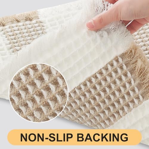 Upgrade Waffle Bath Mat, Boho Bathroom Rugs Absorbent Non Slip, Ultra Soft Bathroom Mat, Machine Washable Knit Bath Rugs with Stripe for Bathroom, Bedroom, Kitchen, Shower,Tub, 24"x17", Beige & White