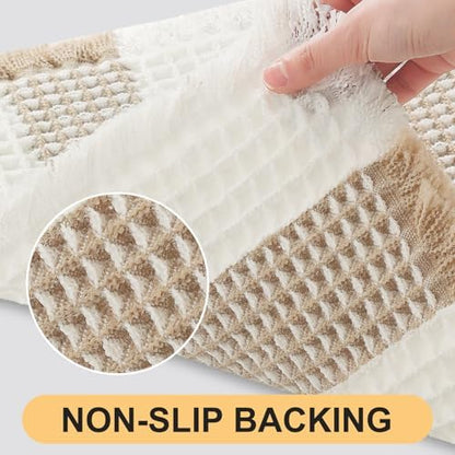 Upgrade Waffle Bath Mat, Boho Bathroom Rugs Absorbent Non Slip, Ultra Soft Bathroom Mat, Machine Washable Knit Bath Rugs with Stripe for Bathroom, Bedroom, Kitchen, Shower,Tub, 24"x17", Beige & White