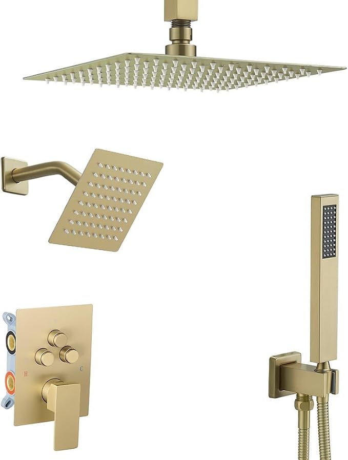 Shower Faucet Set Brushed Gold 10 Inch Ceiling Mount Rainfall Shower System with 2 Rain Shower Head and Handheld Head Push Button Diverter Shower Trim Kit and Rough-in Valve Body