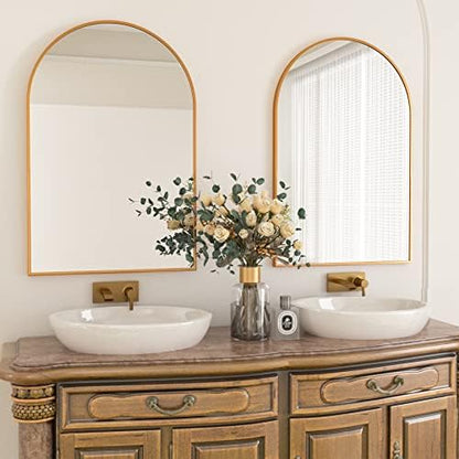 HARRITPURE Arched Bathroom Mirror 24" x 36“ Gold Modern Wall Mirror Aluminum Alloy Frame Decorative Mirrors for Bedroom Living Room Entryway