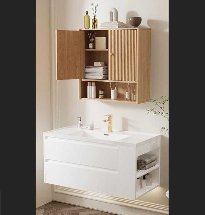 Bathroom Wall Cabinet, Medicine Cabinet with Adjustable Wood Shelf & Doors, Over The Toilet Storage Organizer Wall Mounted Storage Cabinet for Laundry Room, Kitchen, Living Room, Cupboard, OAK