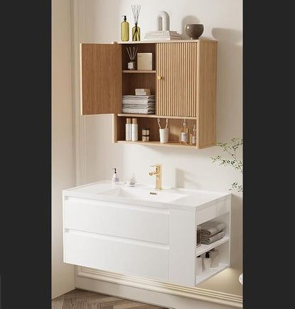 Bathroom Wall Cabinet, Medicine Cabinet with Adjustable Wood Shelf & Doors, Over The Toilet Storage Organizer Wall Mounted Storage Cabinet for Laundry Room, Kitchen, Living Room, Cupboard, OAK