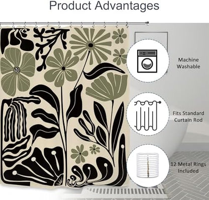 Abstract Black Sage Green Matisse Flower Shower Curtain 60Wx72L Inch Retro Vintage Aesthetic Minimalist Groovy Art 70s Trendy Modern Bathroom Set Accessories Decor with 12 Pack Hooks