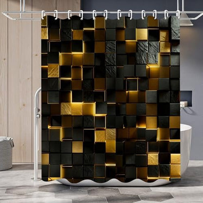 LQCOOL 4 Pcs Black Gold Shower Curtain Set with Rugs, 3D Cube Modern Bathroom Set, Black Gold Polyester Shower Curtains for Bathroom with 12 Hooks, Toilet Lid Cover & U-Shaped Mat