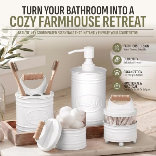 Autumn Alley White Bathroom Accessories Set 4 - Farmhouse Soap Dispenser, Toothbrush Holder, 2 Apothecary Jars Qtip Holder - White Bathroom Decor – Rustic Farmhouse Bathroom Accessories