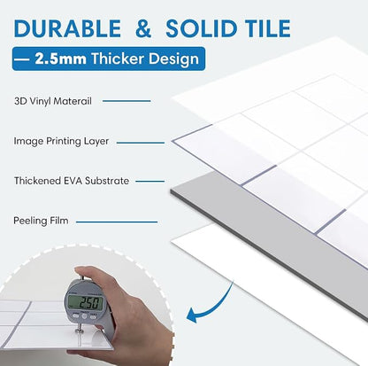 Thicker Peel and Stick 3D Backsplash Tiles Kitchen Bathroom | White, 10 Pcs 12" x 12", Glossy Self Adhesive Decorative Vinyl Backsplash Wall Sticker, Cover 10 sq ft，Removable，Waterproof