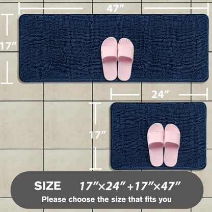 Bathroom Rugs Sets 2 Piece – Absorbent and Washable Bath Mat, Non-Slip, Thick Soft Chenille Bath Rugs for Bathroom Floor, Shower, Sink(17" x 24"+17" x 47", Navy Blue)