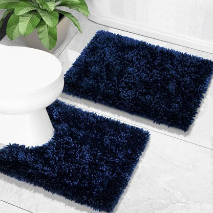 Yimobra Toilet Rugs U Shaped Washable, Extra Thick Soft Absorbent Chenille Contour Bathroom Rugs for Toilet 24x20 Inch, Quick Dry Non Slip Toilet Mat for Bath Floor, Navy Blue