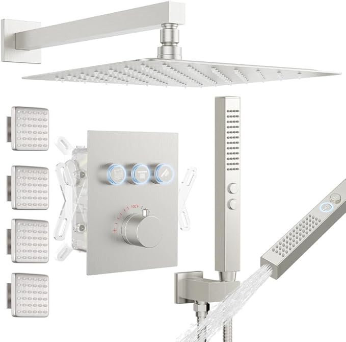 Brushed Nickel Shower Systems with 4 Body Spray Jets, STARBATH 12" Rain Showerhead with 2 Modes Handheld Spray, Can Use All at Once, Thermostatic Shower Jets System in Wall Shower Faucet Sets