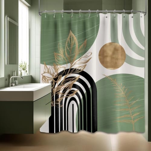 Sage Green and Gold Shower Curtain, 72x72 in, Mid Century Modern
